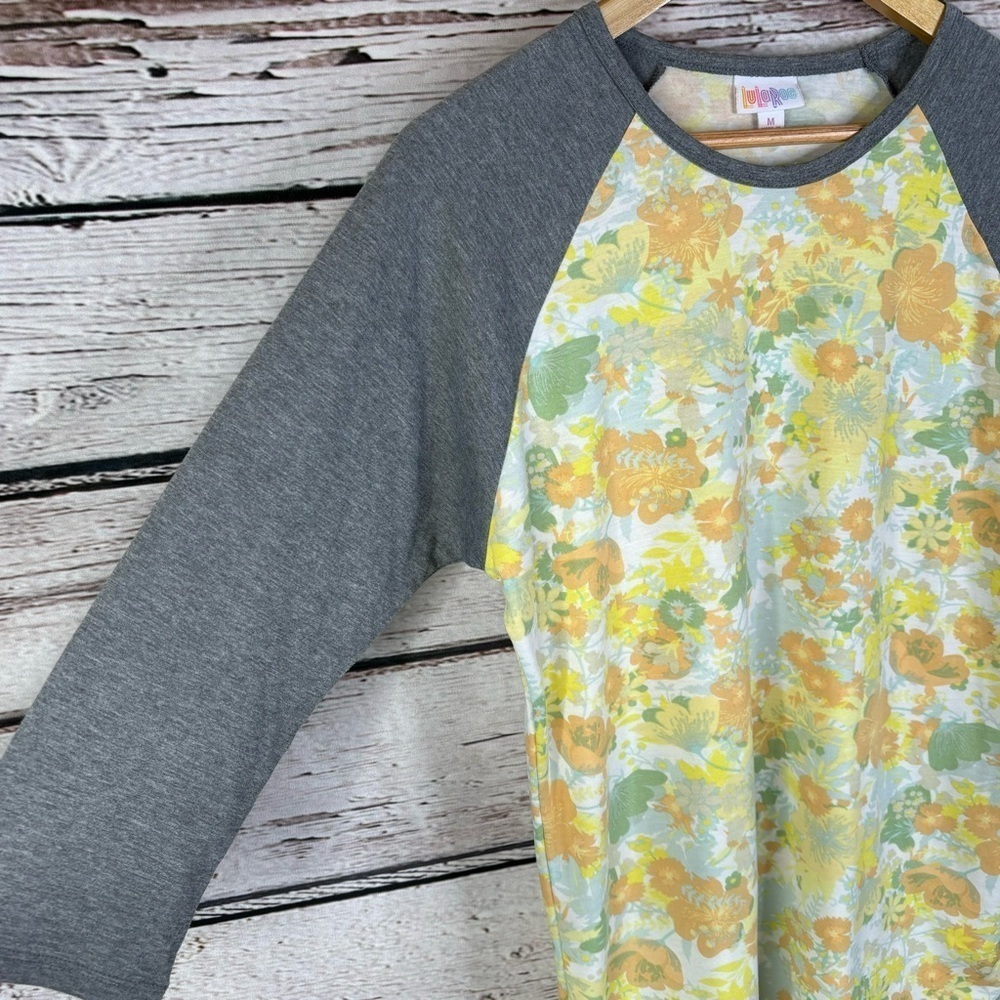 LuLaRoe Randy Baseball Tee Size Medium Yellow Orange Floral Pattern Gray Sleeves - Picture 2 of 11
